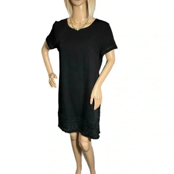 Cynthia Rowley Black Shift Dress Short Sleeve Crochet Hem Gold Zipper Size 8 - Picture 2 of 13